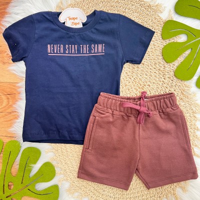 Conj. Camiseta Never Stay the Same e Bermuda - Marinho e Bordô